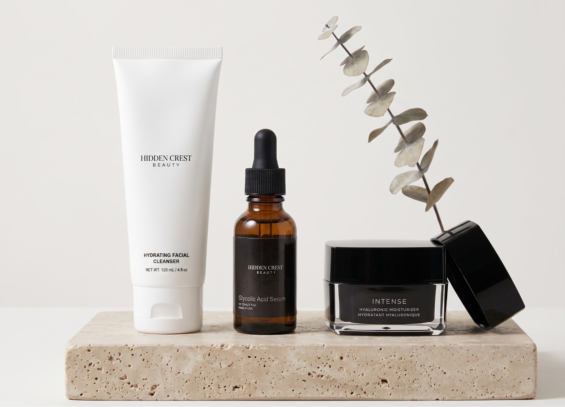 Three Quiet Essentials set — Hydrating Facial Cleanser, Glycolic Acid Serum and Hyaluronic Moisturizer