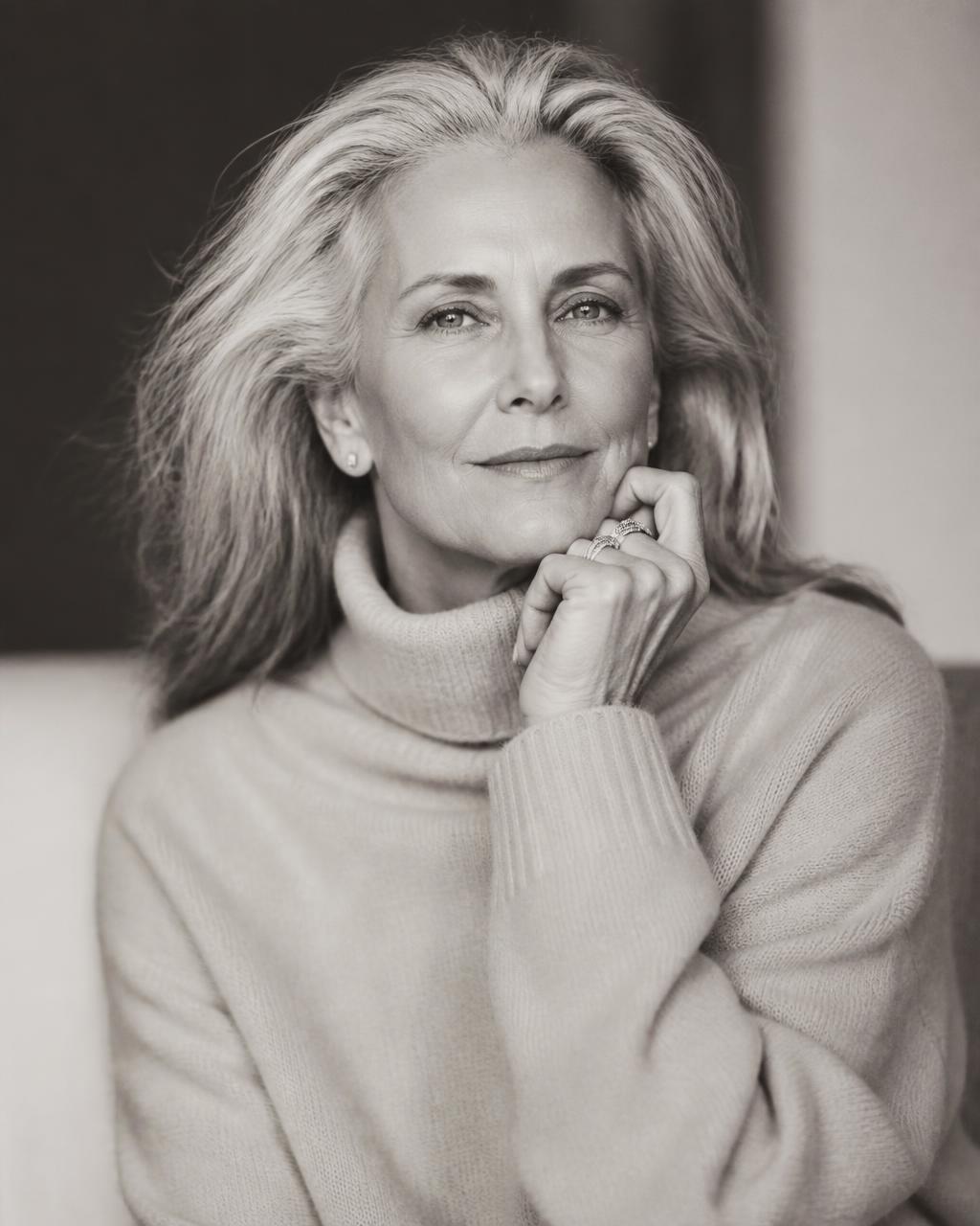 Woman with luminous skin, quiet luxury editorial portrait